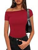 Totatuit Schulterfreies Oberteile Damen Tshirt Basic Kurzarm Y2K Slim Fit Klassischer Schnitt Crop Tops Einfarbig Shirt Sommer Casual Tee Shirts Rot S