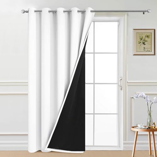 Image of Yakamok Pure White Blackout Patio Door Curtain Panels W70 x L84, 1 Panel | Noise Reducing Barrier Panel for Sliding Glass Door, 2 Thick Layers Heat Full Light Blocking Patio Door Drapery