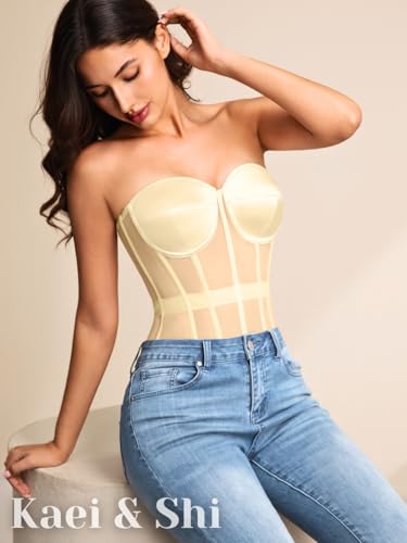 Image of Kaei&Shi Sheer Mesh Overbust Corset,Sexy Strapless Lace Up Satin Bra Corsets Top For Women Shapewear