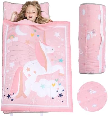 Poemuphi Toddler Nap Mat - Magical Unicorn Design with Removable Pillow and Soft Blanket, Slumber Bag for Girls' Daycare, Preschool, Travel, and Camping