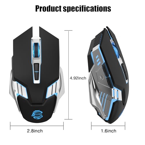 Image of Bluetooth Gaming Mouse, RGB Rechargeable USB Wireless Mouse, Quiet Click, LED Backlit, Ergonomic, with Side Button, 6 Button, DPI Adjustable, Computer Mice for Laptop PC MacBook Chromebook - Black