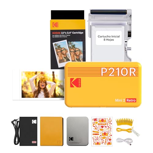 KODAK Mini 2 Retro 4Pass Impresora de Fotos Portátil (5,3x8,6cm) + Pack de Regalo con 68 Hojas (8 Hojas...