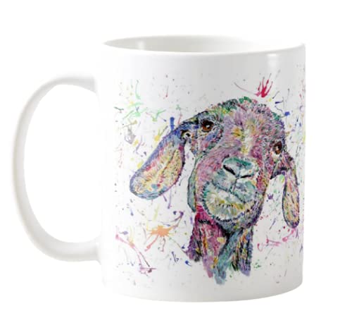 Image of Vixar Goat Farm Animal Watercolour Rainbow Art Coloured Mug Cup, Gift, Birthday, Work, Office, Christmas Tea Coffee (White)