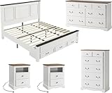 AMERLIFE 5 Pieces Farmhouse Bedroom Sets Includes King Size Farmhouse Bed Frame with 52.2' Headboard, 7 Drawers Dresser, 6 Drawer Tall Dresser, Two Nightstands with Charging Station, White