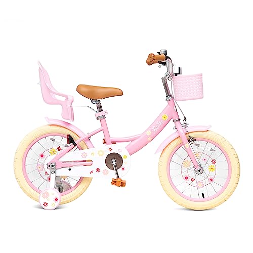 Image of Girls Bike with Basket for Toddlers and Kids Aged 3-14 Years Old, 12 14 16 18 Inch with Training Wheels & Doll Seat, 20 Inch with Kickstand & Rear Rack, Princess Style Bicycle for Gift.