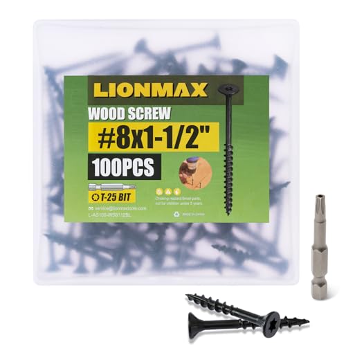 Image of LIONMAX Deck Screws 1-1 /2 Inch, Wood Screws #8 x 1-1 /2 inch, 100 PCS, Rust Resistant, Exterior Epoxy Coated, Outdoor Decking Screws, Torx /Star Drive Head Screw, T25 Star Bit Included, Black
