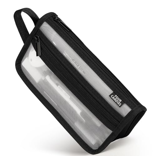 Four Candies ペンケース 筆箱 透明 メッシュポーチ 大容量 ハンドルとジッパー付き クリアダブルレイヤー筆箱 マーカーポーチ 旅行化粧バッグ 女の子 男の子 大人のオフィスや学生のための可愛い透明文房具-ブラック - Four Candies - 商品画像
