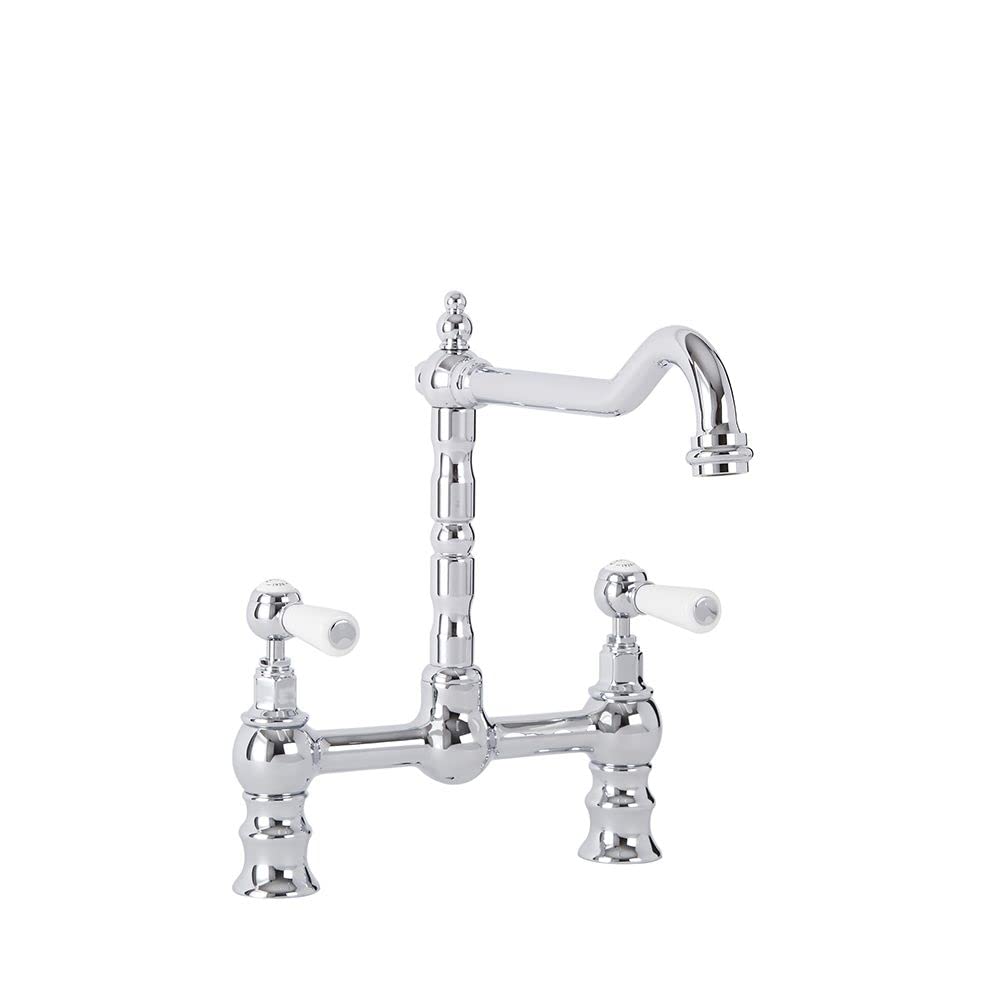 Milano Chrome & White Elizabeth Lever Handle Bridge Kitchen Sink Mixer Tap Swivel Spout - Chrome White
