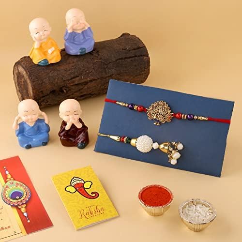 Tarini Gallery Set Of 4 Rakhi & Lumba For Raksha Bandhan - Traditional Threads With Roli Chawal, Gift Pack