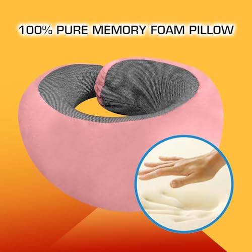 Image of Billebon Memory Foam Travel Neck Pillow with Magnetic Fabric Luxury Neck Support Pillow for Comfortable Travel, Washable Removable Cover (Pink with Eye Mask)