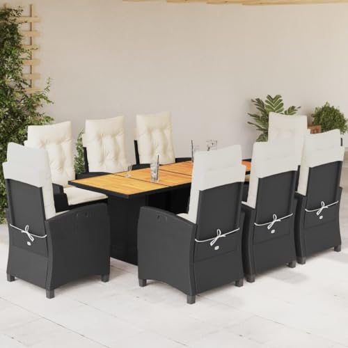 Mokuyary Juego de 9 muebles de jardín con cojín, polirratán, color negro, juego de mesa de comedor, muebles de balcón resistente a la intemperie, para porches, patios, terrazas con reposapiés