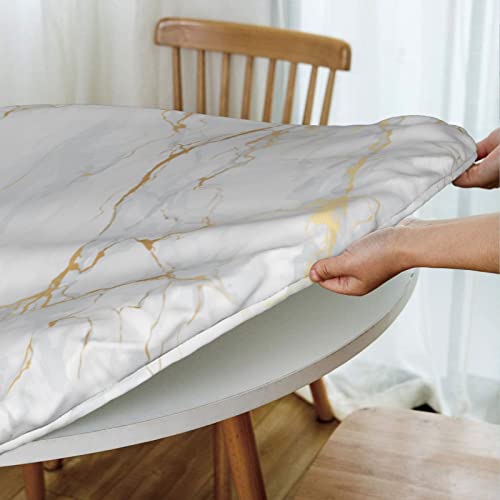 Fiokroo White Marble Pattern Tablecloth With Elastic Edge, Round Table Cloth Washable Reusable Table Cover For Kitchen Dining Party Picnic, Medium #TOP4