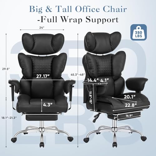 Image of Big and Tall Office Chair 350 LBS, Scratch-Resistant PU Leather Executive Office Desk Chair with Footrest, Ergonomic Reclining Computer Chair with Pocket Spring Support for Home Office, Black