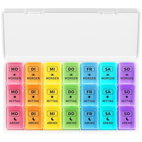 Opret Tablettenbox 7 Tage Morgens Mittags Abends, Pillendose 7 Tage 3 Fächer, Pillenbox 7 Tage, Tablettendose Medikamentenbox Tabletten Wochenbox mit Große Fächer für Medikamente, Vitamine, Fischöl