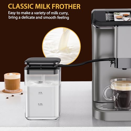 Image of Automatic Espresso Machine with 20 Bar Pressure - One-Touch Coffee Maker, Built-in Grinder & Milk Frother, 6 Custom Recipes, 1.5L Water Tank, Auto Self-Cleaning, 120V for Home & Office (Grey)
