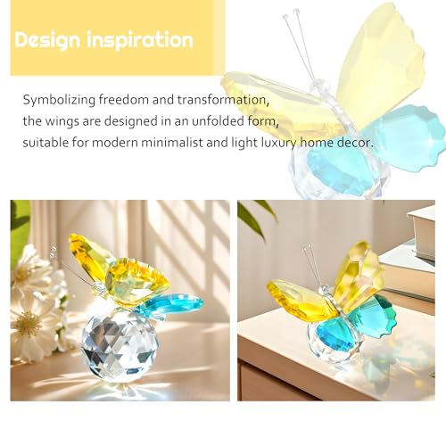 Image of Crystal Butterfly Figurines Yellow Cyan Blue Tabletop Decor Gift For Women | Yellow Cyan Blue Crystal Butterfly Figurines Collectible Paperweight for Table Desk Shelf Home Office Wedding Decor