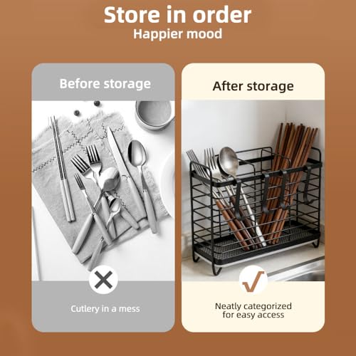Velicber Kitchen Utensil Holder, Metal Utensil Drying Rack with Hooks, Utensil Holder Counter Organizer, 3 Compartments for Forks, Knives, Spoons, Chopsticks & Cooking Tools (Black)