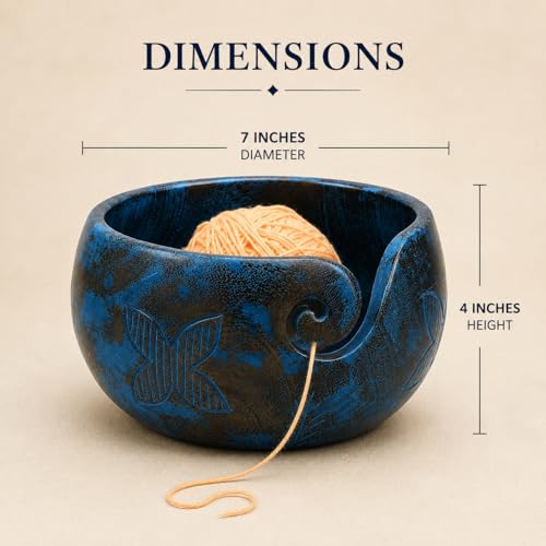 Image of Large Blue Yarn Bowl, 7 x 4 Inch Wooden Knitting Holder | Mango Wood, Holds 2 Yarn Skeins, Handcrafted, Tangle-Free, Smooth Finish, Floral Carved, Giftable