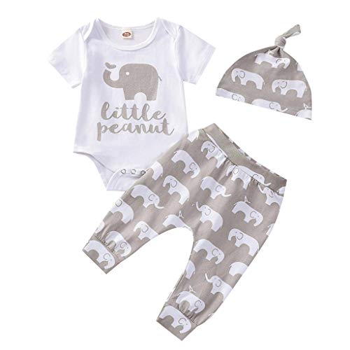 Cute Newborn Baby Boys Elephant Clothes Set Infant Boy Summer Bodysuit Short Sleeve Romper Tops+Pants+Hat 3PCS Outfits (Short Sleeve Baby Elephant, 0-3 Months)