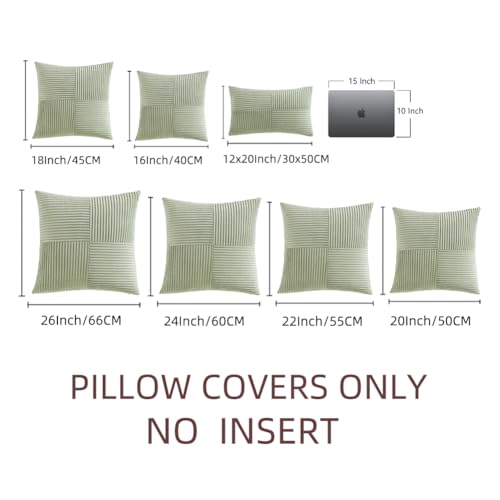Image of Fancy Homi 2 Packs Sage Green Decorative Throw Pillow Covers 22x22 Inch for Living Room Couch Bed Sofa, Farmhouse Boho Home Decor, Soft Corss Corduroy Patchwork Accent Square Cushion Case 55x55 cm