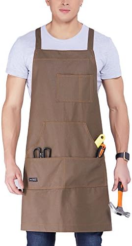 Clya Home Waxed Canvas Work Apron, Heavy Duty Tool Apron with big pockets, Cross-Back Straps Shop Apron Adjustable M to XXL for Women and Men (Brown)