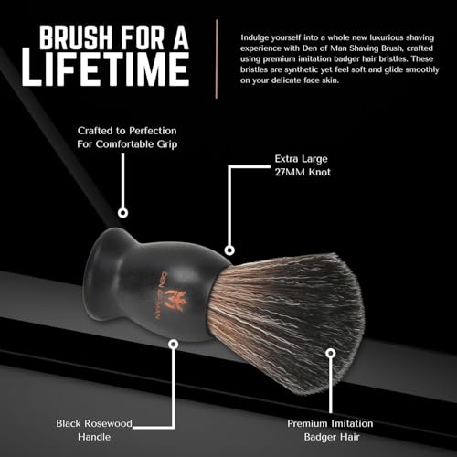 Image of Den of Man Jumbo 27mm Knot Premium Cruelty Free Imitation Badger Hair Shaving Brush, Soft & Ultra Absorbent Bristles For Smooth Shave, Real Rosewood Handle
