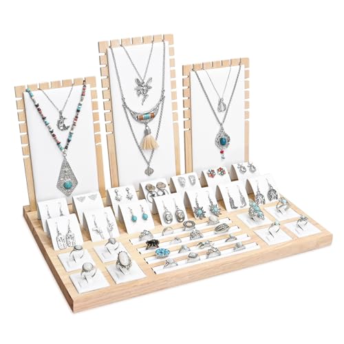 MOOCA Wooden Jewelry Display Stand Set - Versatile, Removable Organizer for Rings, Earrings, Necklaces & Pendants | Natural Wood Design with Faux Leather Trim, White Color