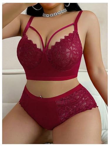 Image of MakeMeChic Women's Plus Size Lingerie Sets Contrast Lace Cut Out Wireless Bra and Panty Set