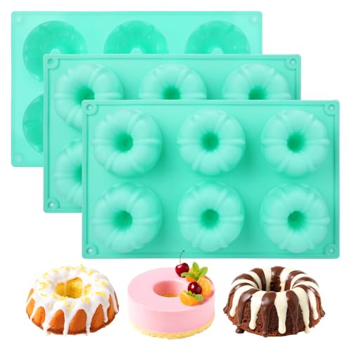 Motthjcw 3 Pcs Mini Bundt Cake Pans for Baking, 6-Cavity Cupcake Pan Mold, Nonstick Silicone Fluted Tube Cake Pans, Silicone Baking Mold for Cupcake Donuts Cornbread Brownie Jello (Style-B)
