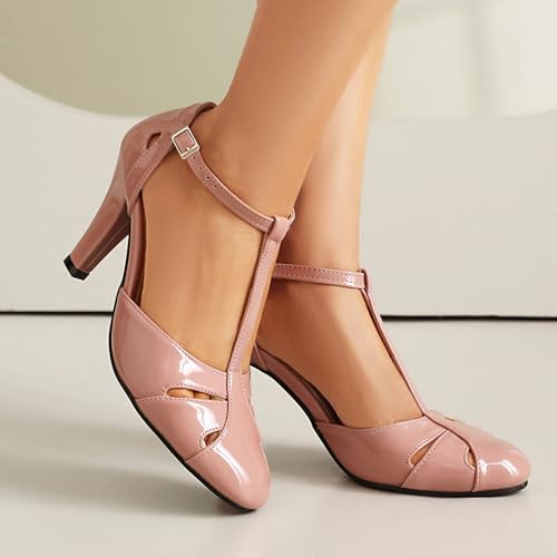 Women's Mary Jane Pump Heel Retro 1920s Vintage Round Closed Toe 1950s Patent Leather Dress Shoes (Pink US7)3