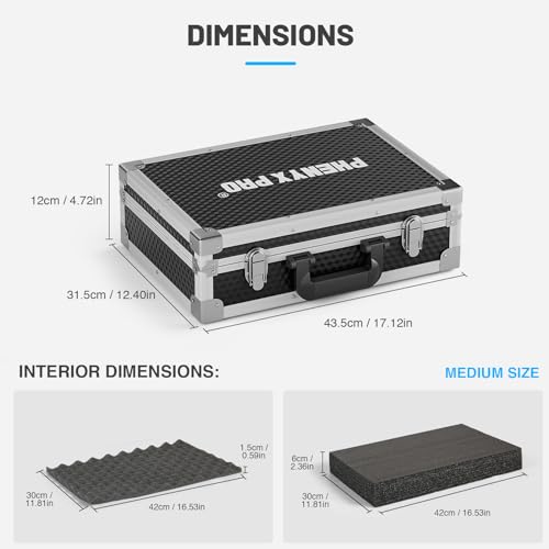 Phenyx Pro Carrying Case, Customizable Pre-Diced Foam, Aluminum Alloy Sturdy Build, Ideal for Wireless Microphone Case, Camera Case and More (Medium Size)