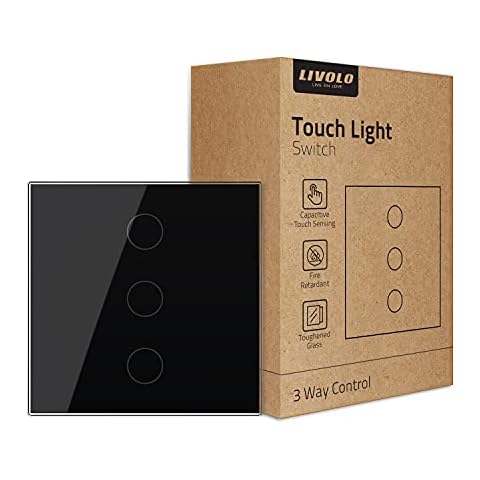 LIVOLO Black Intermediate Switch Wall Touch Light Switch(No Neutral),Single Pole Bulb Wall Switch with LED Indicator,Scratch-Resistant Tempered Glass Panel,3 Gang 2 Way,VL-B603S-3BG Cover