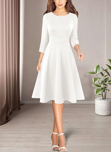 Image of VFSHOW Womens Work Business Front Zipper A-Line Dresses 3 /4 Sleeve Office Church Fit and Flare Skater Swing Knee Length Dress