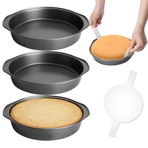 Quyimy 8 Inch Cake Pan, 3PCS Carbon Steel Round Cake Pans with 100 PCS Parchment Paper, Nonstick Cake Tins Flan Mold with Handle, Non-toxic & Healthy, Dishwasher Safe