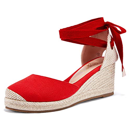 Ruanyu Espadrille-Sandalen für Damen, Plateau, Schnürung, geschlossene Zehenpartie, Sommer, Keilabsatz, 1-Rot, 40 EU