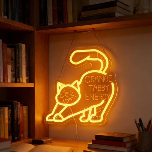 Image of inchOrange Tabby Energy inch Cat Neon Light - Playful & Vibrant LED Wall Art for Cat Lover's Home Office, Living Room, Kitchen & Cozy Nook Decor, Dimmable USB with Hanging Kit, Whimsical Feline-Themed Gift