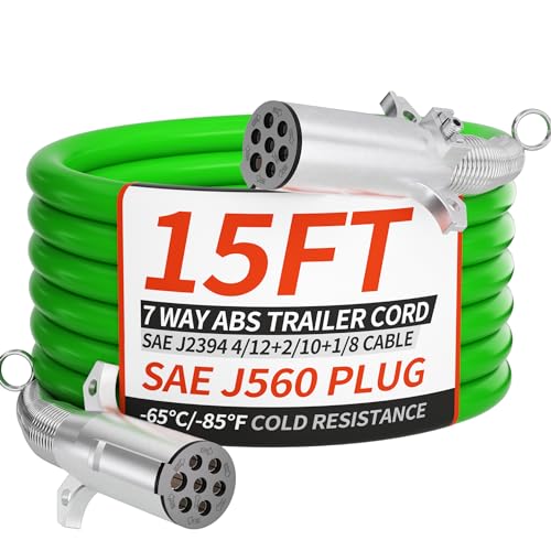 Image of PlugSaf 15FT 7 Way Trailer Cord for Semi Trailers, 4 /12+2 /10+1 /8 Gauge Wire | 7 Wire Trailer Cable 15' ABS Heavy Duty, -85F Cold Resistance Straight Electric Cable Green for Semi Trailer Truck Tractor