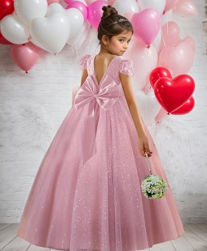Lace Applique Flower Girl Dresses with Satin Bow Cap Sleeve Sparkly Tulle Ball Gown for Wedding Party3