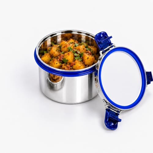 Image of Stainless Steel Lunch Box with Airtight Leakproof Lid,Easy to Clean Tiffin Box for Office,School & Kids,Navy Blue,Set of 1 (400ML) Tall