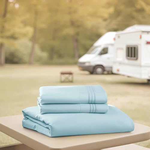 Nestl Light Blue Short Queen Sheets for RV, Hotel Luxury RV Queen Sheets Set, 4 Piece Fitted Bed Sheet Set and Pillowcases, Super Soft, Wrinkle-Free, and Breathable Camper Bedding