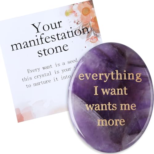 MAIBAOTA Amethyst Crystal Daily Affirmations/Self Love/Uplifting/Positive/Encouragement Gifts for Women Healing Stone Anxiety Relief Oval Worry Stones Everything I Want Wants Me More