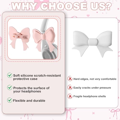 2pcs Pink Bow Headphone Accessories, Silicone 3D Earphone Decorations with Adjustment Buckles Coquettish Headphone Bows Attachment for Women Girls