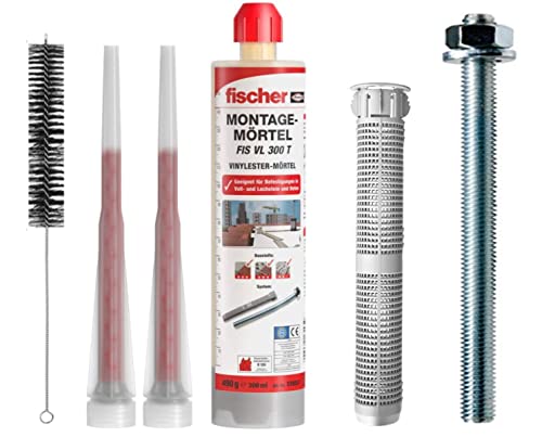 Fischer Schwerlastbefestigungs Set 4 Stück M12x120 FIS Ankerstange verzinkt + 4 Stück Siebhülse + 1 Stück Montagemörtel mit Statikmischer + BTG Bürste Cover