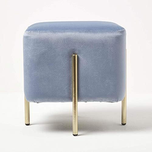 HOMESCAPES Light Blue Cube Velvet Footstool Gold Metal Legs Modern On-Trend Style Square Pouffe Upholstered Stool Decorative Gold Legs Multi-Functional Ottoman Stool Seat, 30 cm Tall