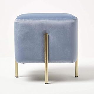 HOMESCAPES Light Blue Cube Velvet Footstool Gold Metal Legs Modern On-Trend Style Square Pouffe Upholstered Stool Decorative Gold Legs Multi-Functional Ottoman Stool Seat, 30 cm Tall