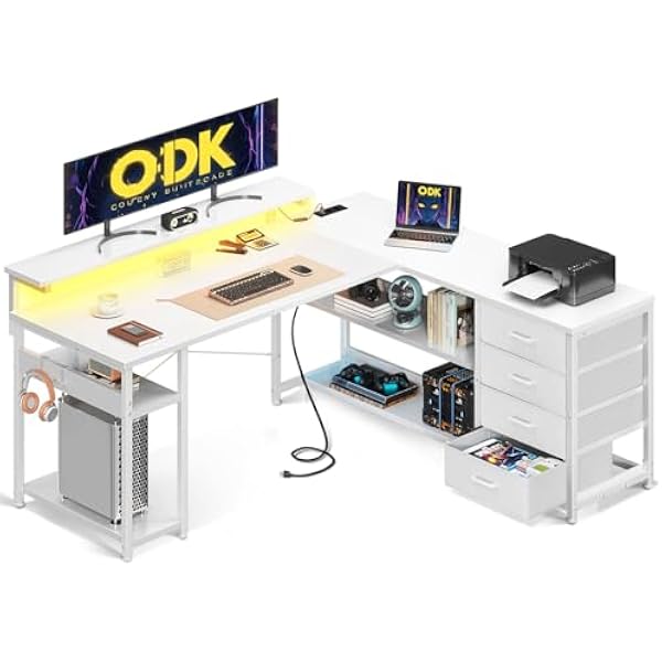 ODK Biurko z szufladami, dwustronne biurko narożne z 2 gniazdami wtykowymi i 2 portami ładowania USB, biurko w kształcie litery L z diodami LED, do domowego biura, całe białe, 135 x 110 cm