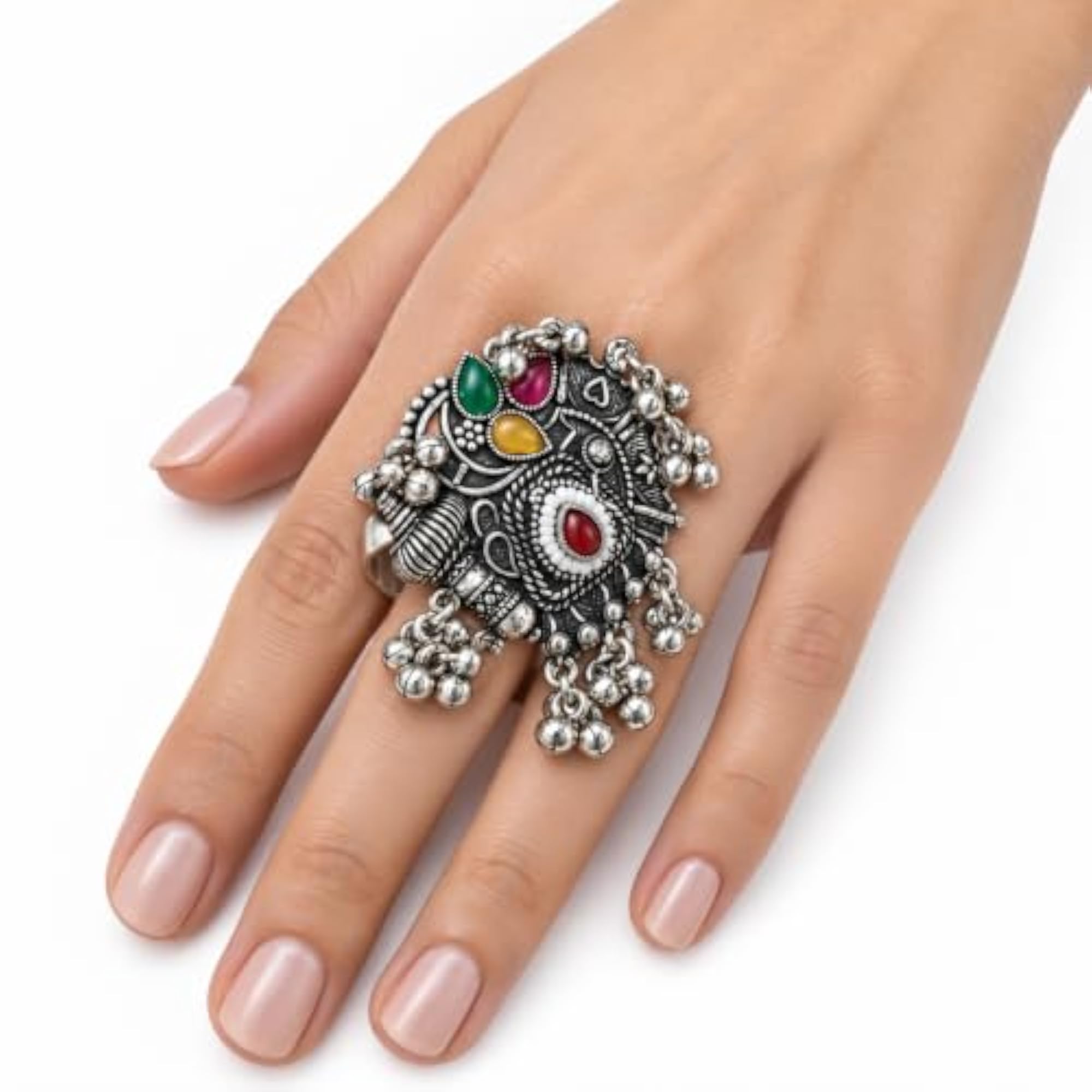Charming Oxidised Silver Multicolour Stone Studded Statement Ring