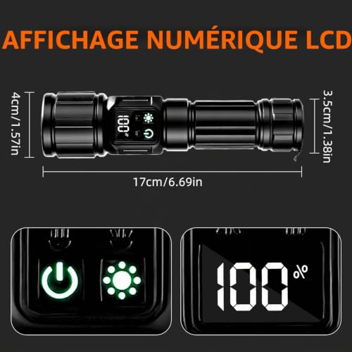 Azyvum Lampe Torche LED Ultra Puissante, Lampe Torche Rechargeable USB avec Batterie 5000mAh,Zoomable 9 Modes, IP67 Étanche Torche Tactique pour Camping Randonnée Pêche – vue 7