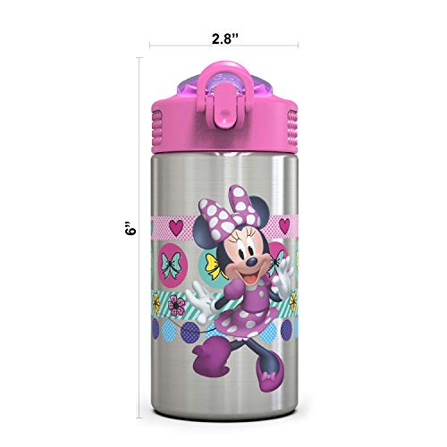 Image of Zak Designs Disney Minnie's Happy Helpers - Stainless Steel Water Bottle with One Hand Operation Action Lid and Built-in Carrying Loop, Kids Water Bottle with Straw Spout (15.5 oz, 18 /8, BPA Free)