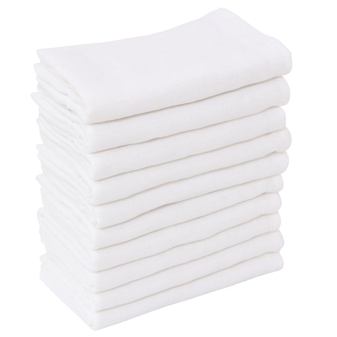 Clinotest Mullwindeln Spucktücher Baby Set – 10 Stück, 80x80 cm, Waschbar bis 95°C, Kochfeste Mulltücher, 100% Baumwolle, Keine Einlaufen, Ideal als Schmusetuch oder Lätzchen, Weiß